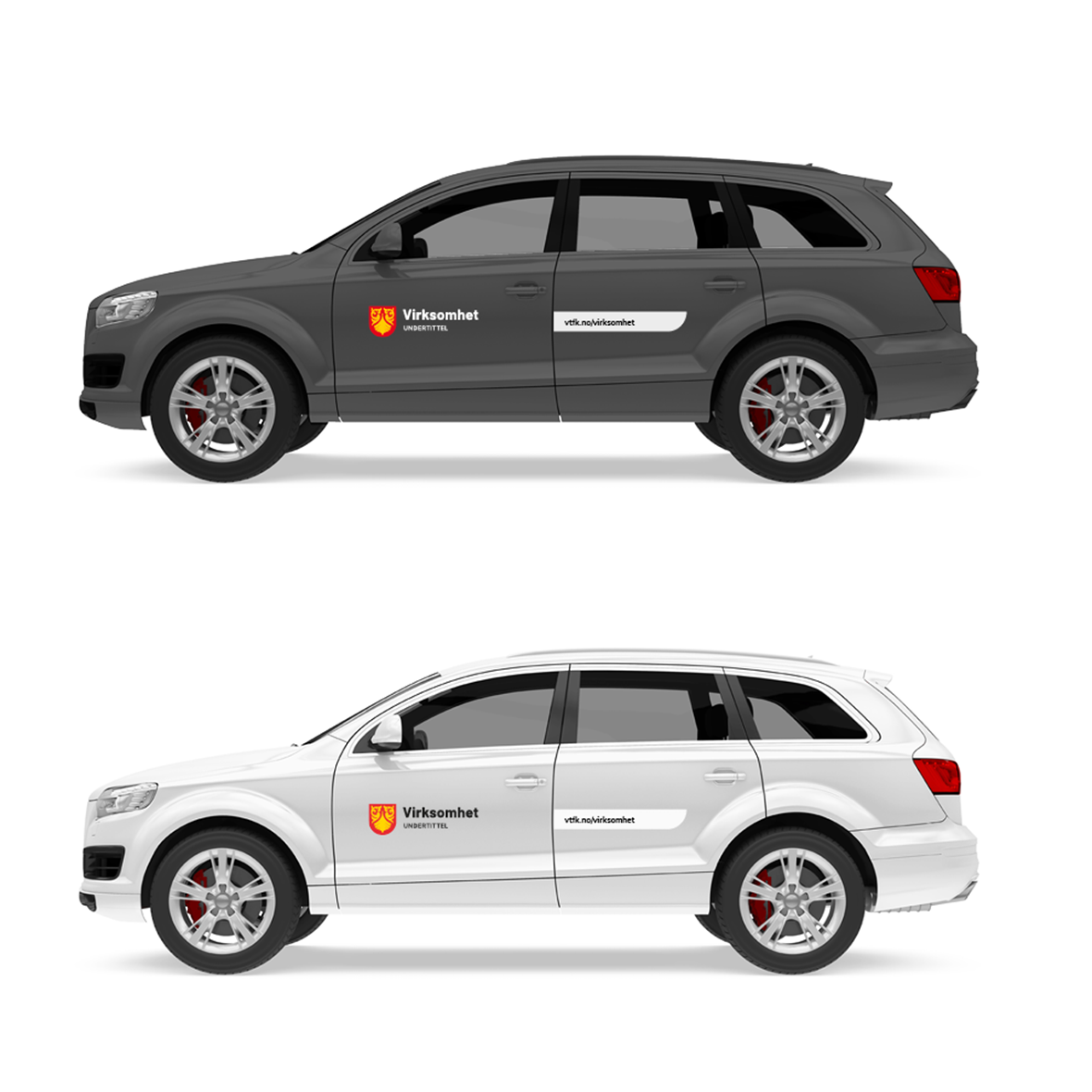 Eksempler på mørk og lys bil med profilering. Virksomhetslogo på førerdør, nettadresse i grafisk form på passasjerdør.
