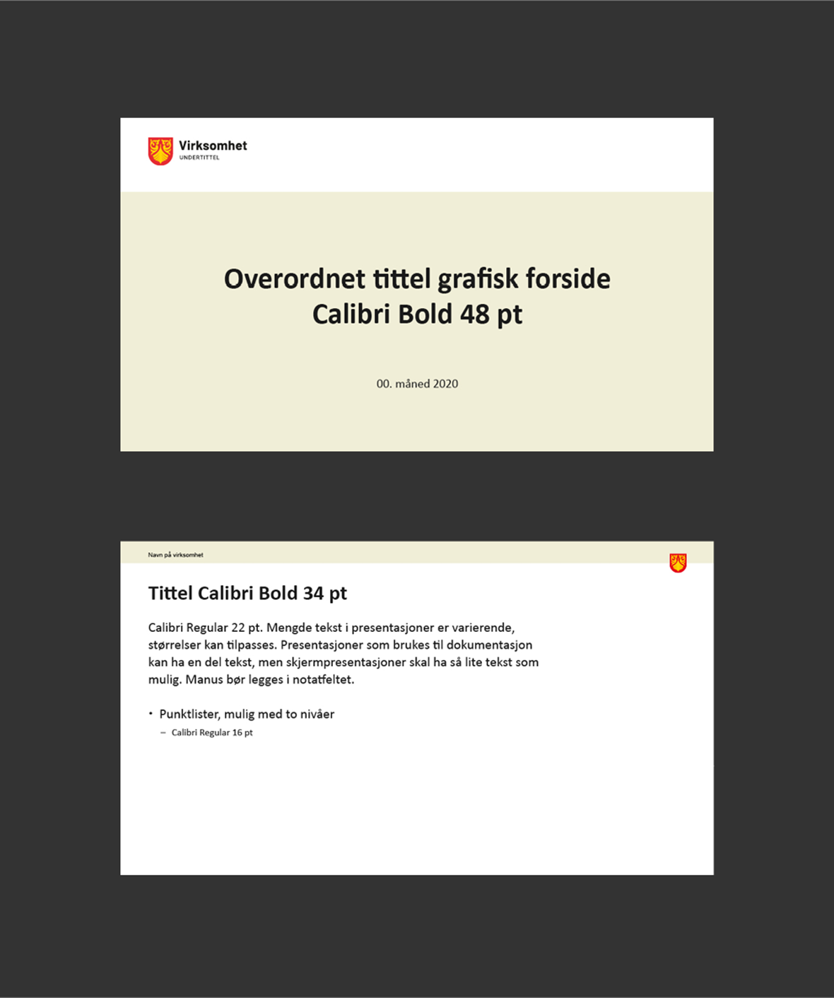 Eksempel på oppsett av tittelside og tekstside i PowerPoint-mal