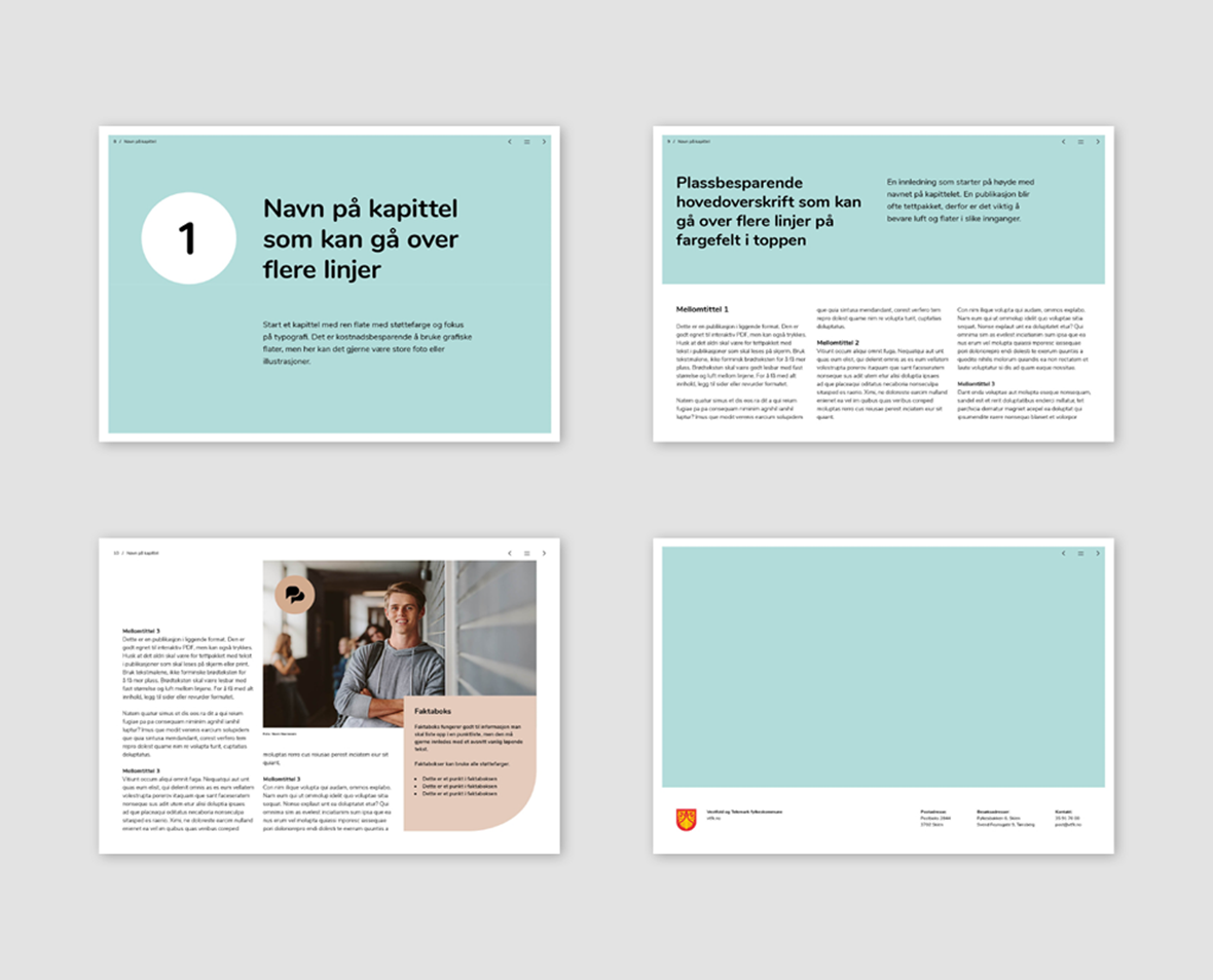 Eksempler på oppsett av innholdssider i brosjyrer og rapporter i et liggende A4-format