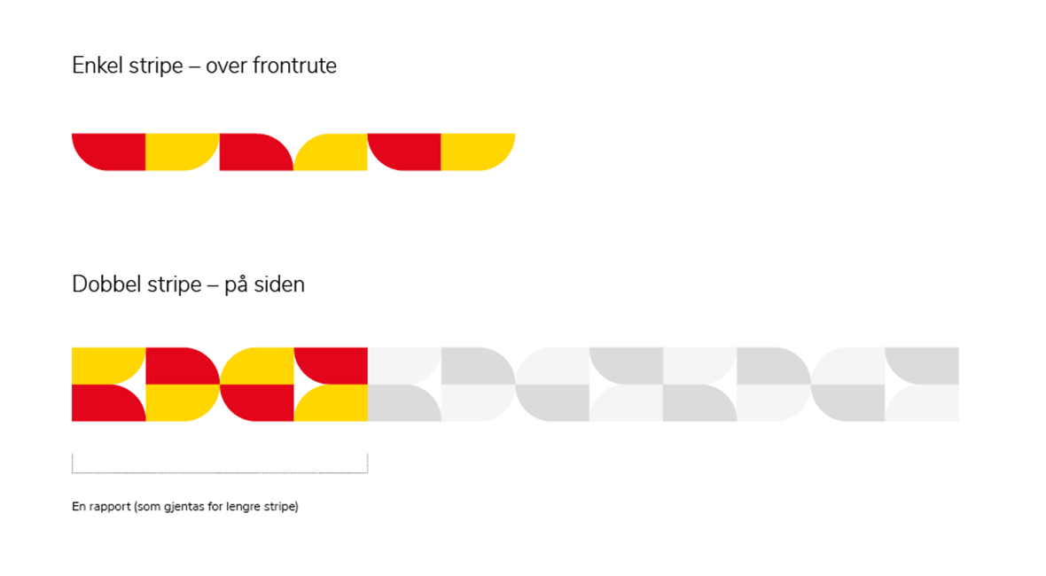 Visuell framstilling av bruk av halve skjoldformer i rødt og gult satt sammen som enkel og dobbel stripe