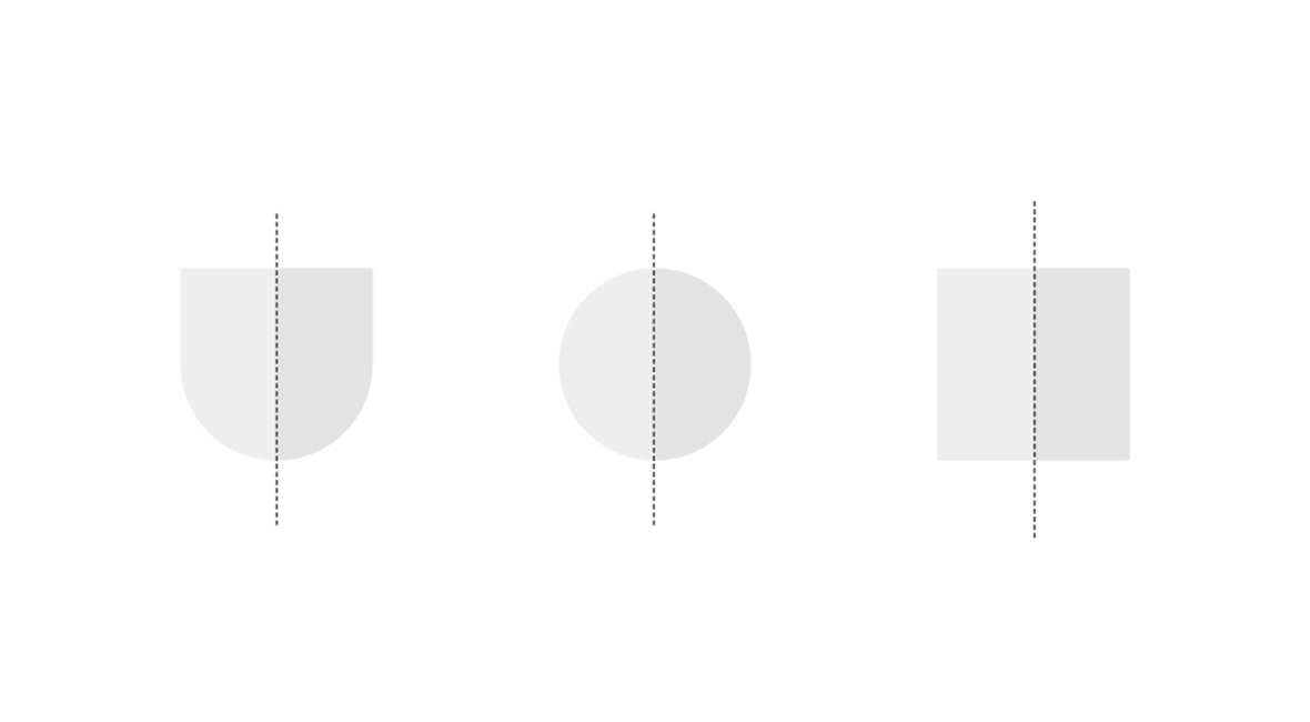 Grafisk framstilling som viser halve deler av grunnformene skjoldform, sirkel og firkant