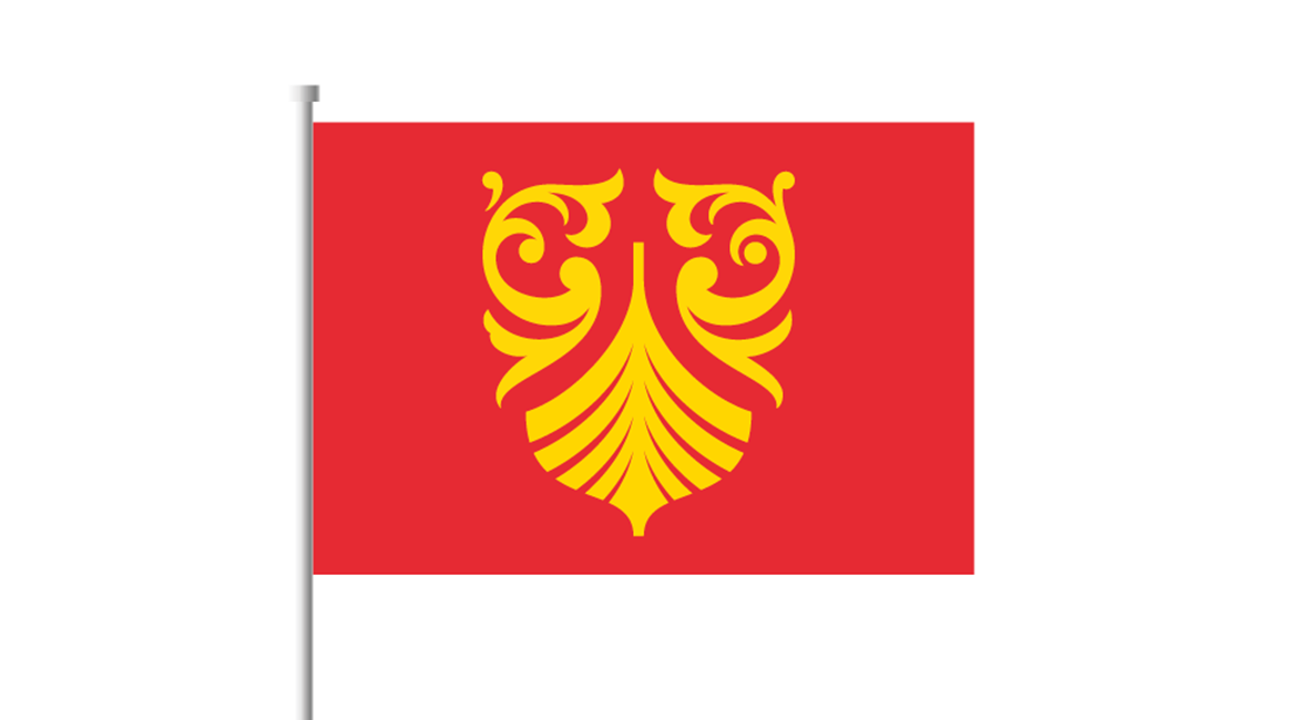Grafisk tegning av flagg i rødt og fylkesvåpenets motiv i gult.