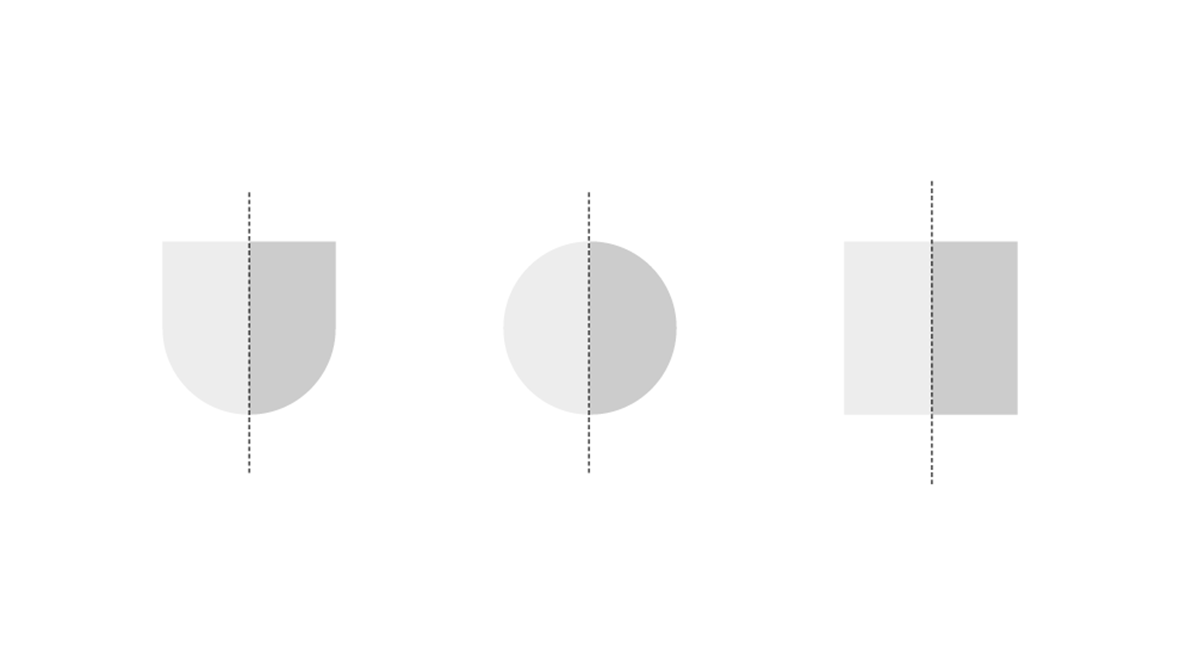 Grafisk framstilling av våpenets form, sirkel og kvadrat delt i to