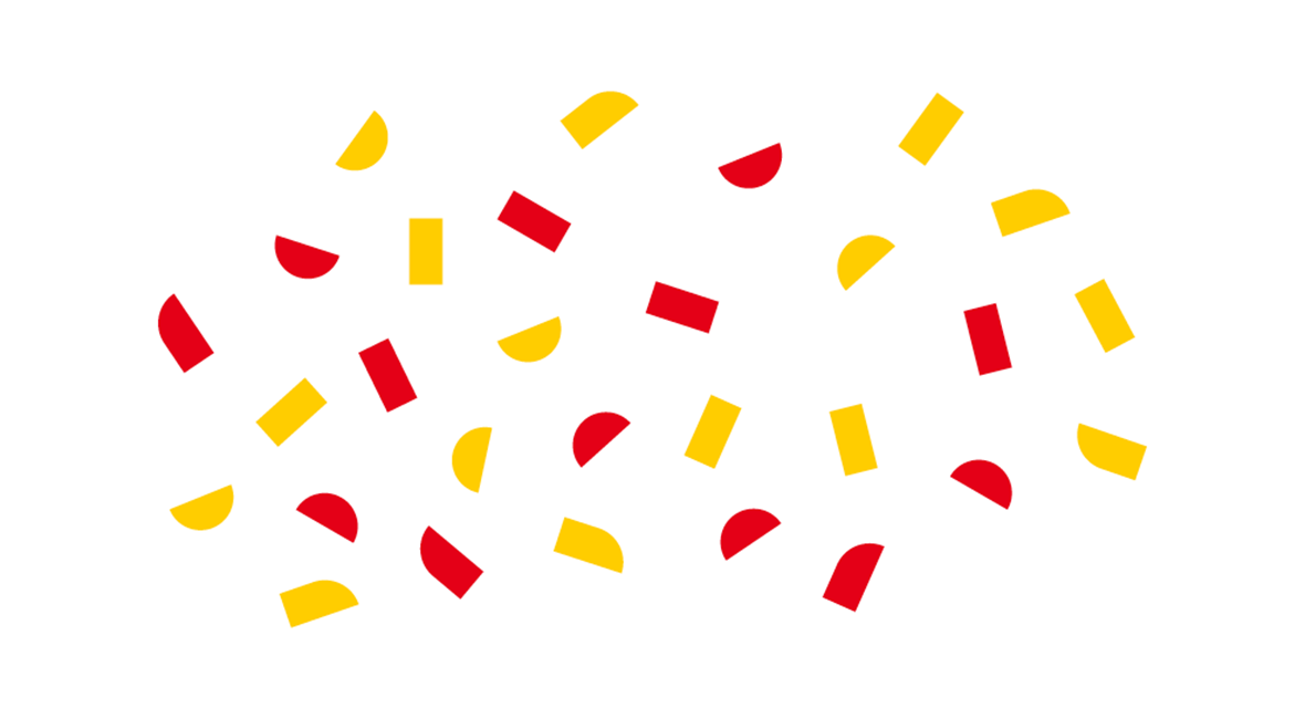 Grafisk framstilling av "konfetti i lufta" sammensatt av halve grafiske former